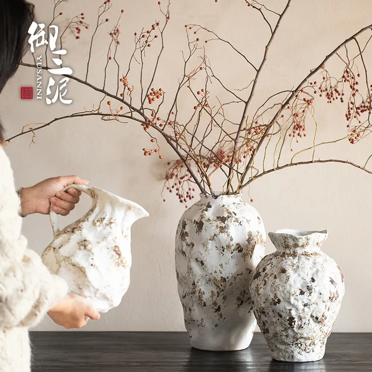 御三泥侘寂风粗陶罐茶室复古插花花器手工客厅玄关民宿陶瓷养花瓶