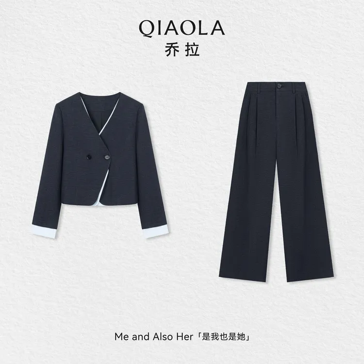 QIAOLA/乔拉【雾色都市】秋冬梭织V字领口双排扣上衣时尚阔腿长裤