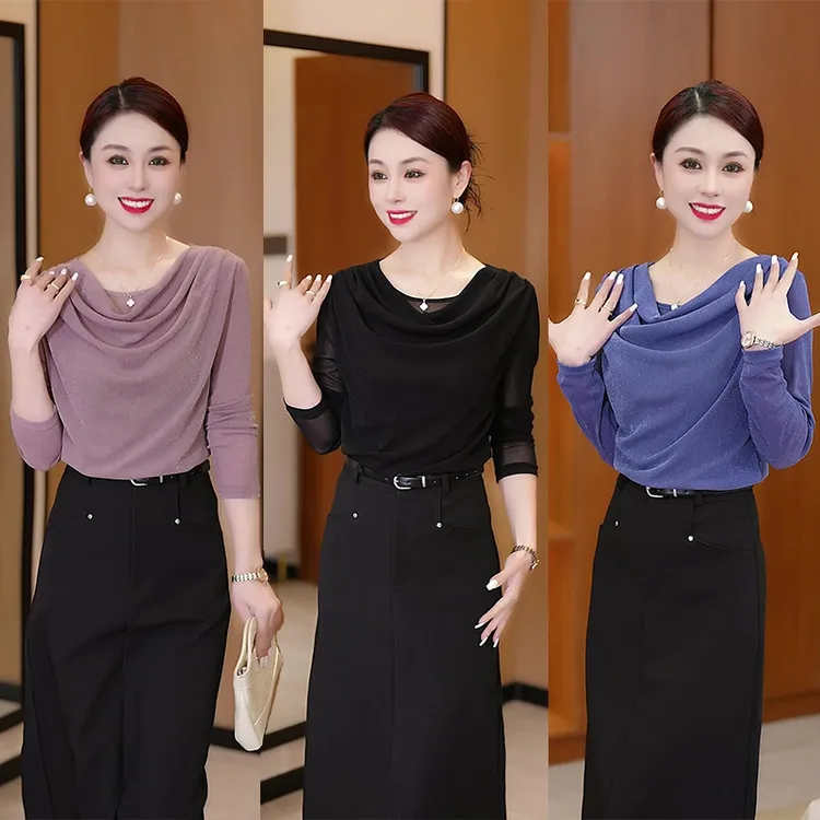 堆堆领小衫女遮肉显瘦女人味长袖T恤气质时尚上衣网纱减龄打底衫