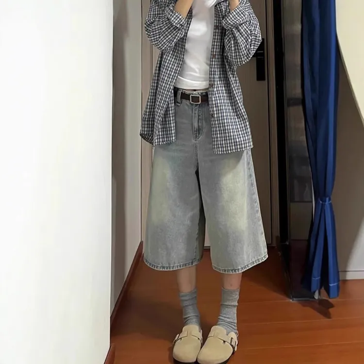 大码浅色复古七分牛仔裤女夏薄款梨形身材高腰宽松遮胯显瘦阔腿裤