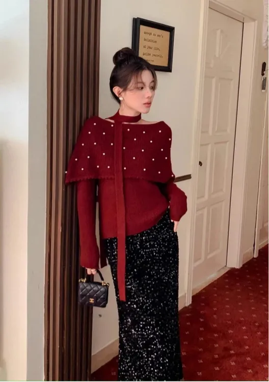 温柔气质优雅酒红色一字领大翻领波点设计感毛衣半身裙套装25069