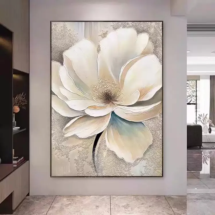 现代轻奢金箔纯手绘油画肌理入户玄关装饰画花卉大幅客厅落地挂画