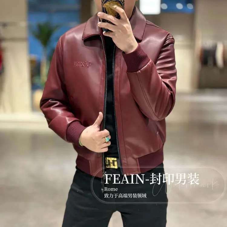 【真皮鹅绒】高端定制90鹅绒填充真皮翻领夹克羽绒服8032-1