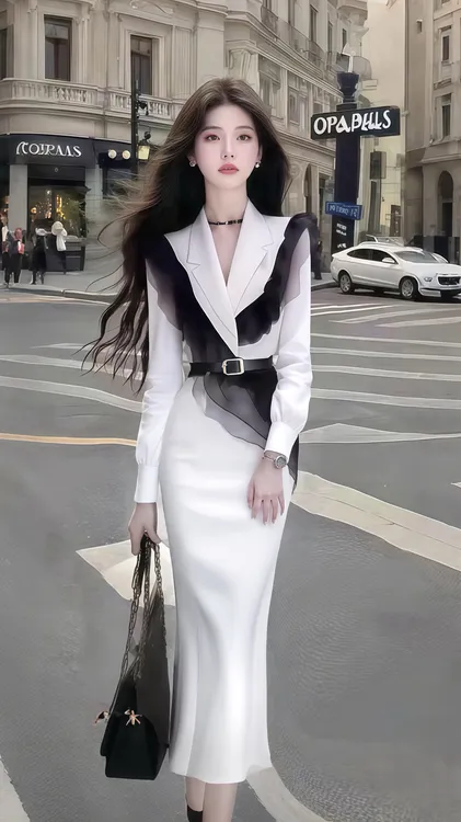 轻奢时尚高端大气白色V领修身收腰长袖包臀长裙连衣裙氛围感穿搭