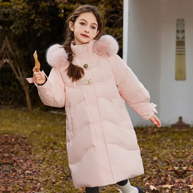 巴拉【商场同款】儿童羽绒服女童中长款新款中大童冬季白鸭绒纯色