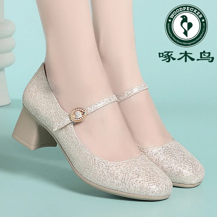 啄木鸟春秋新款玛丽珍女鞋时尚百搭粗跟女士皮鞋软皮软底浅口单鞋