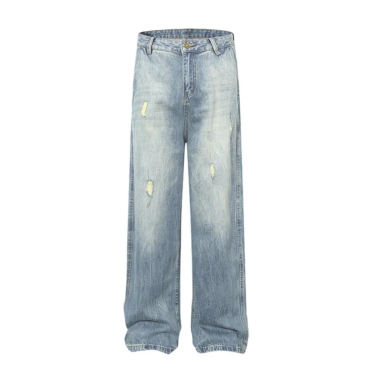 美式休闲复古做旧水洗宽松直筒牛仔裤日系街头破洞刮烂休闲长裤