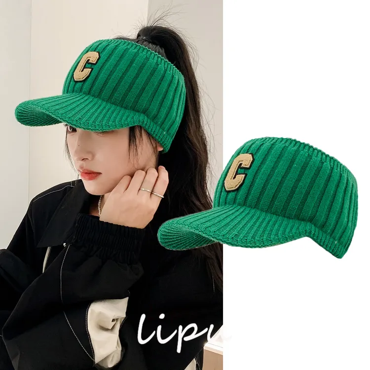 网红字母空顶针织毛线护耳帽子女冬季保暖露马尾休闲百搭鸭舌帽