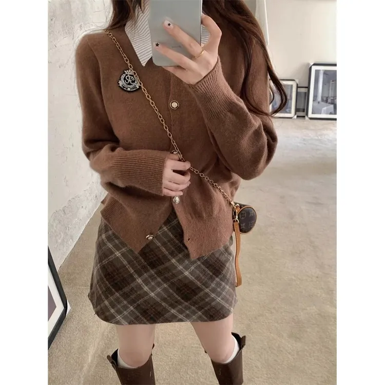 美式咖色正肩麻花polo领假两件针织毛衣开衫女春秋修身短款针织衫