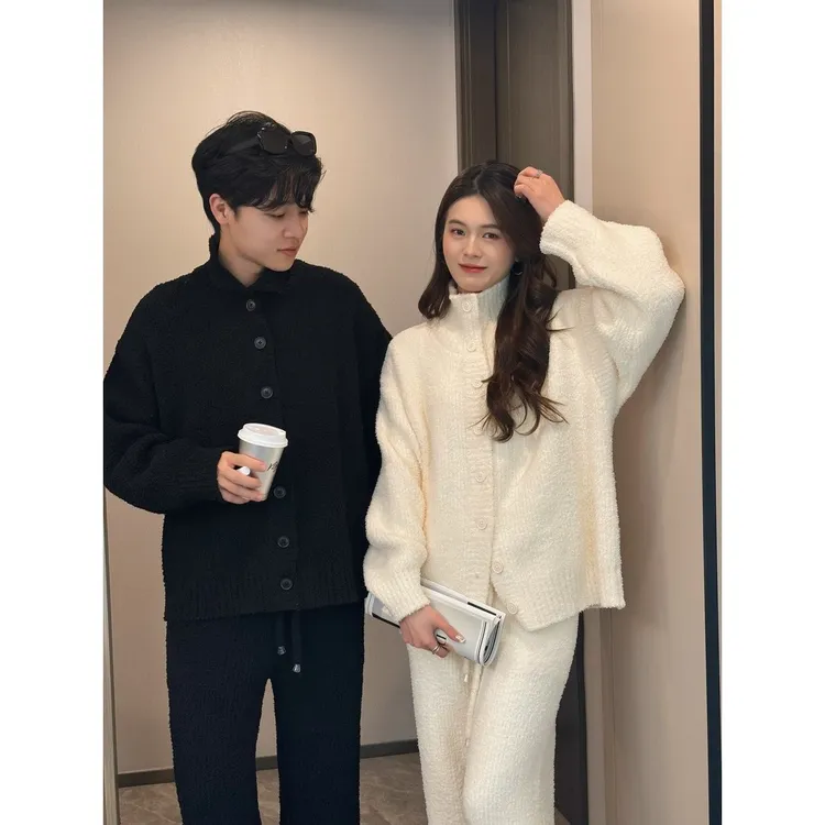 韩版简约纯色针织半边绒睡衣女秋冬新款加厚保暖家居服套装可外穿