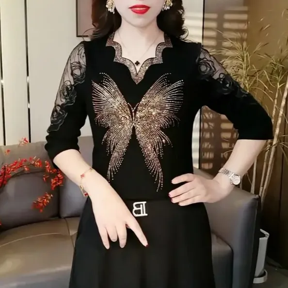 秋季新款时尚V领烫钻镂空漏肩洋气百搭大码气质显瘦女士上衣小衫