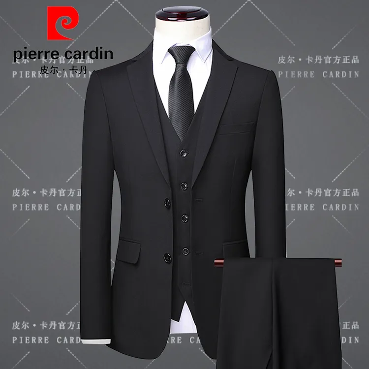 皮尔卡丹休闲纯色修身西服三件套装春秋款男士商务正装结婚礼服男