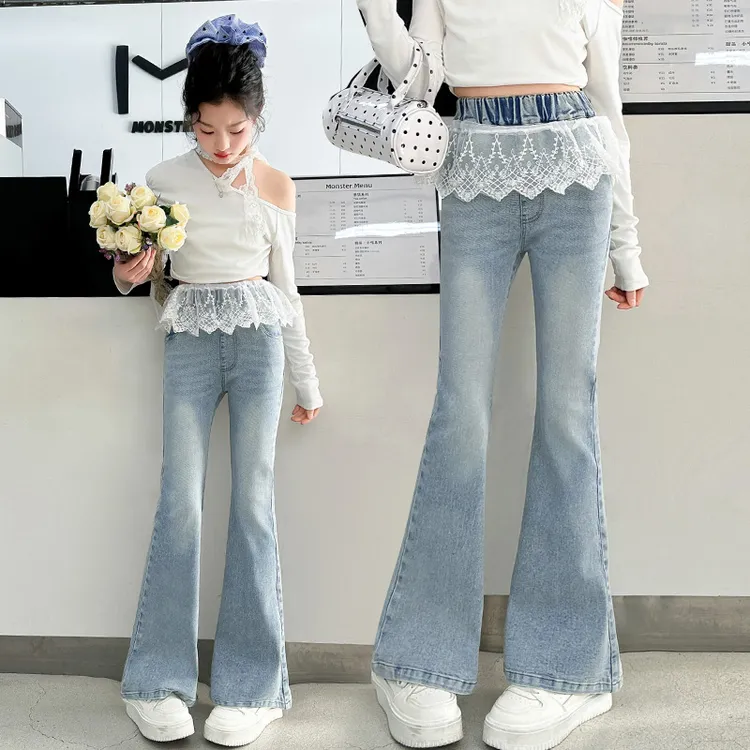 女童裤子2025春秋装洋气儿童中大童修身弹力喇叭裤春款浅色牛仔裤