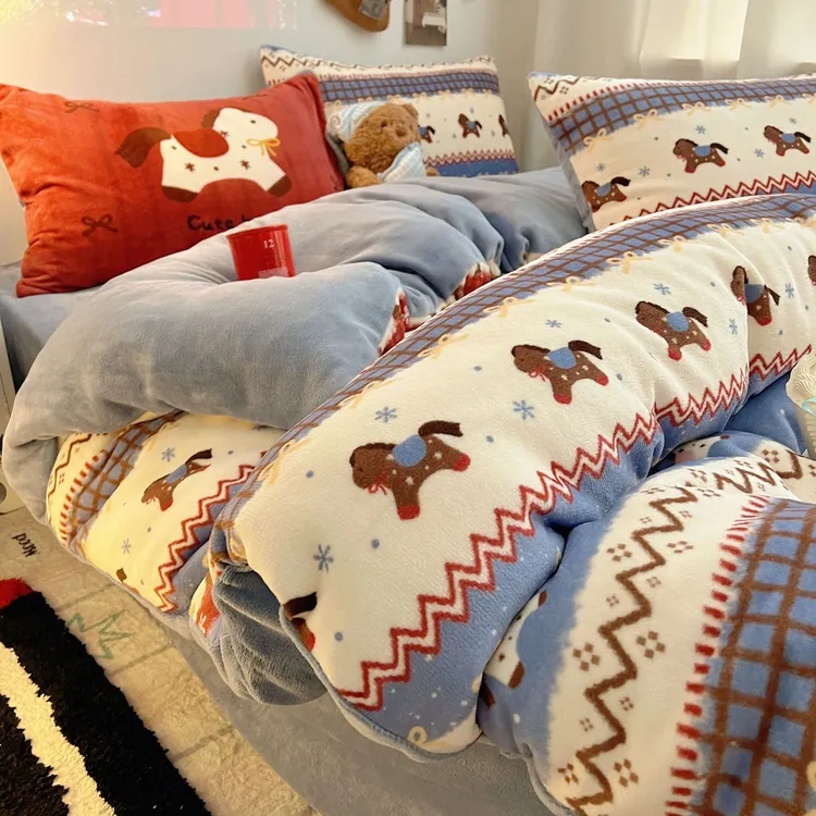 【富士商店】新年限定款费尔岛A类加厚保暖牛奶绒四件套