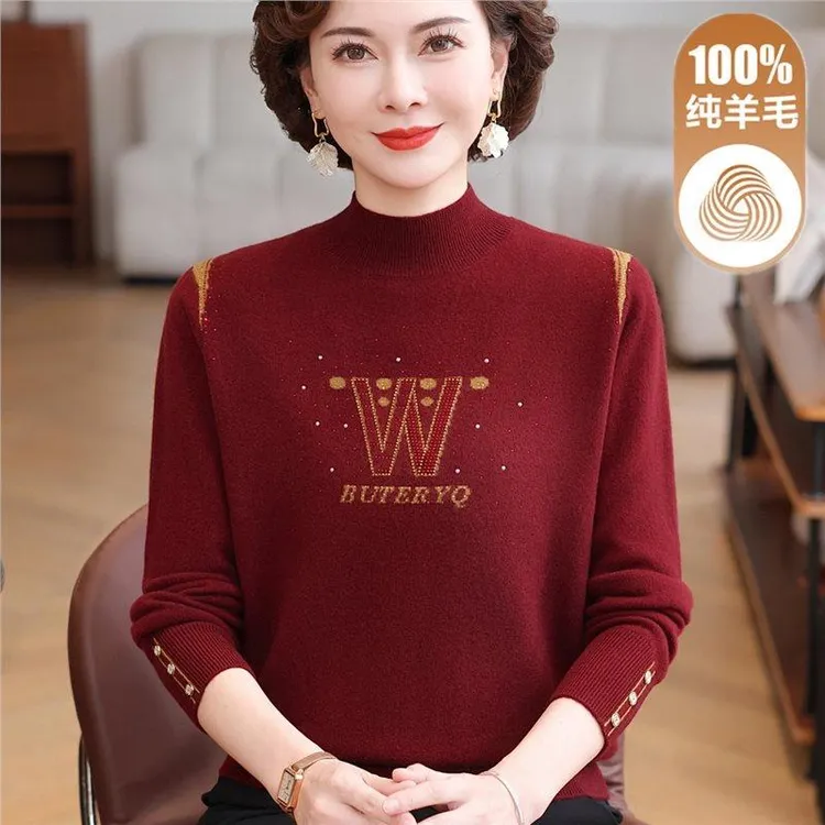 中老年冬季100%纯羊毛衫女士半高领洋气毛衣妈妈本命年红色打底衫