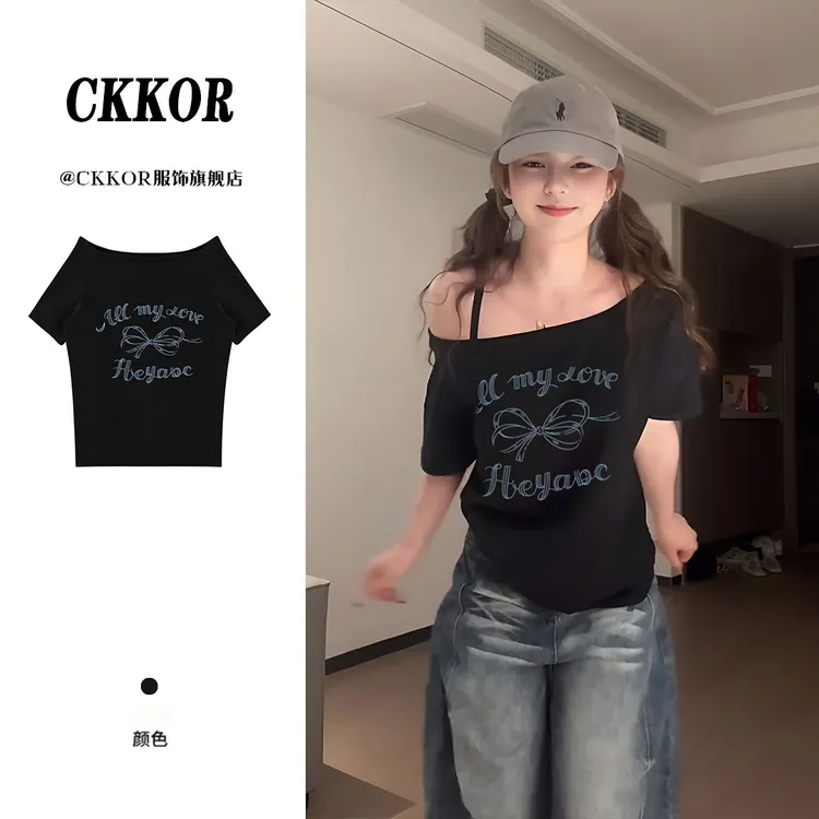 CKKOR夏季时尚辣妹穿搭显瘦短袖t恤女复古宽松斜肩上衣洋气衣服女