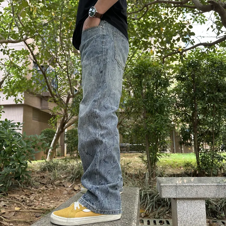 【赤原】春秋新款水洗做旧花色街头痞帅牛仔裤男宽松百搭直筒长裤