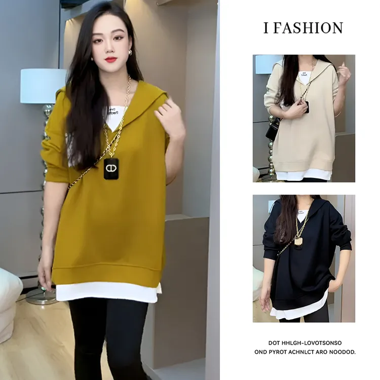 高含棉时尚宽松显瘦假两件卫衣女2026年春秋新款海军领中长款上衣