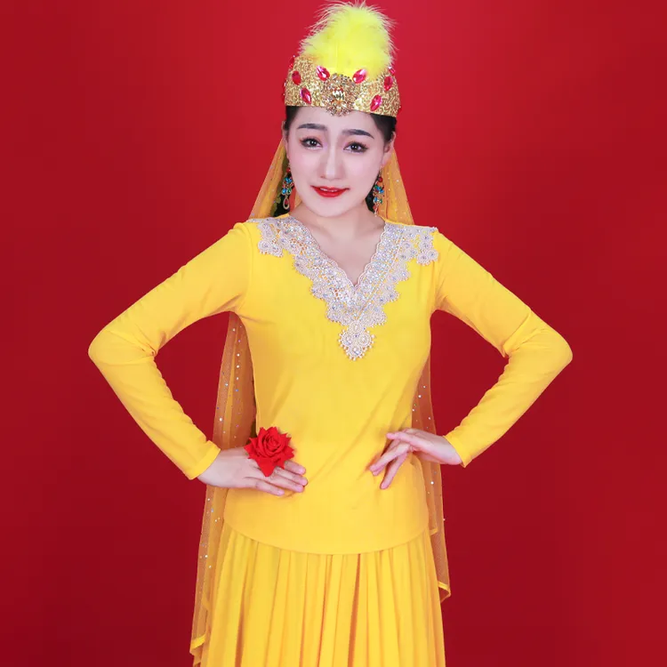 MUSE-【新疆舞蹈服】A1006A维族女士修身显瘦百搭网纱贴花网纱上衣A