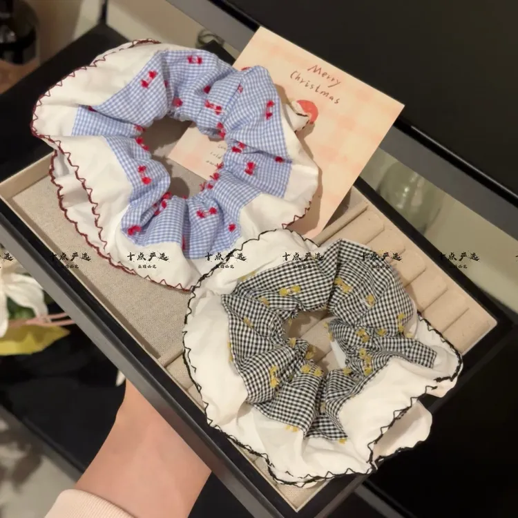 春夏款韩系少女格子双层荷叶边大肠发圈马尾丸子头扎发头绳发饰