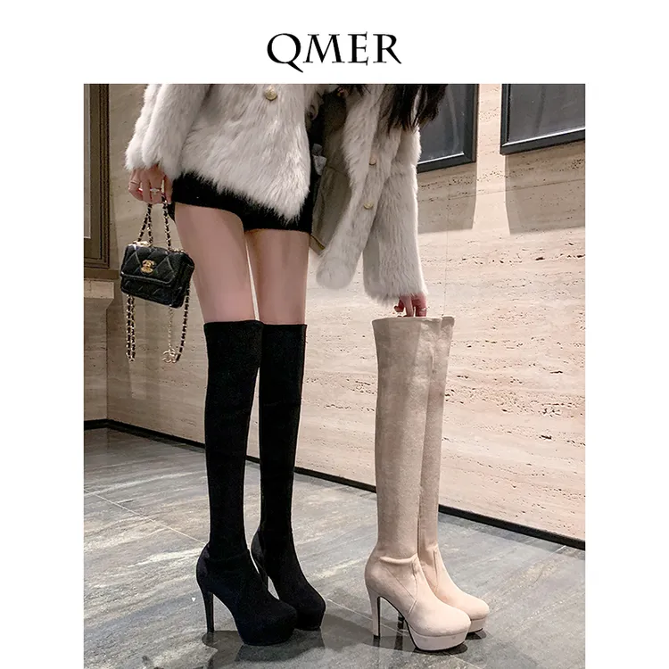 秋美儿10cm小个子超高跟过膝长靴女细跟防水台韩版秋冬气质长筒靴