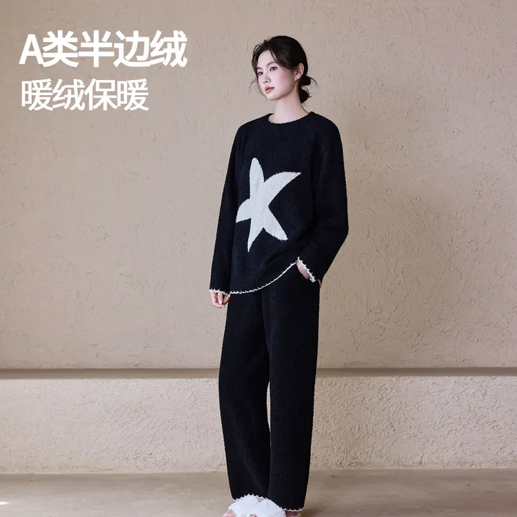 睡衣女2025新款秋冬季防静电半边绒加厚保暖休闲可外穿家居服套装