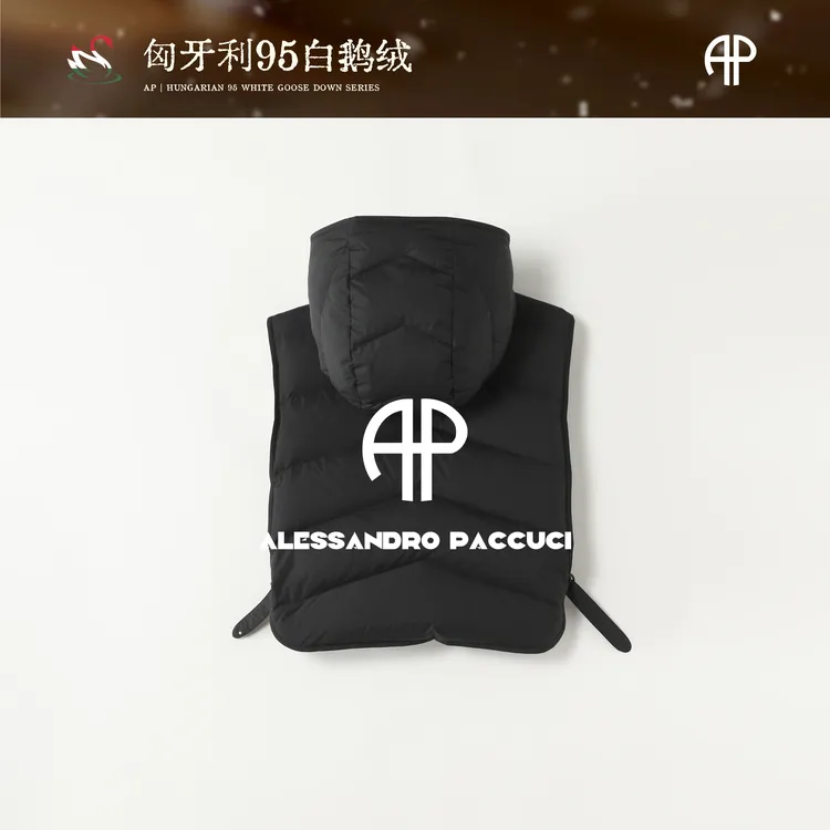 AP洛哥54083MY连帽填充匈牙利95白鹅绒黑色百搭休闲短款马甲女装