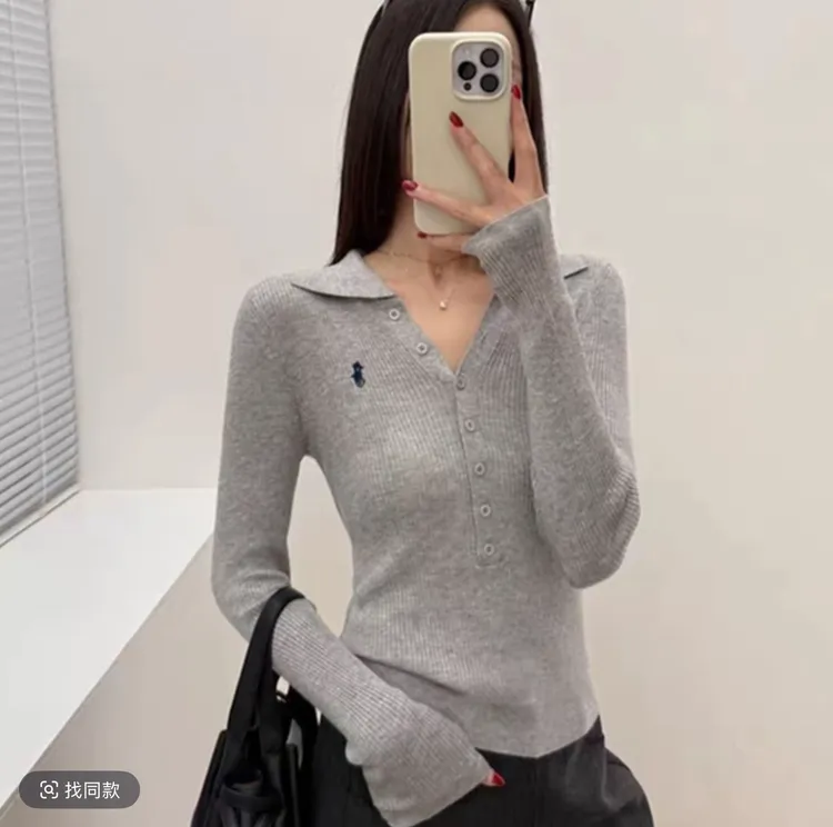 高级老钱风排扣polo领针织衫女秋季新款修身显瘦刺绣上衣