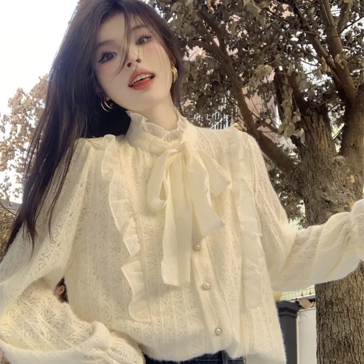 蝴蝶结系带木耳边蕾丝衬衫内搭女秋冬设计感小众上衣加厚打底衬衣