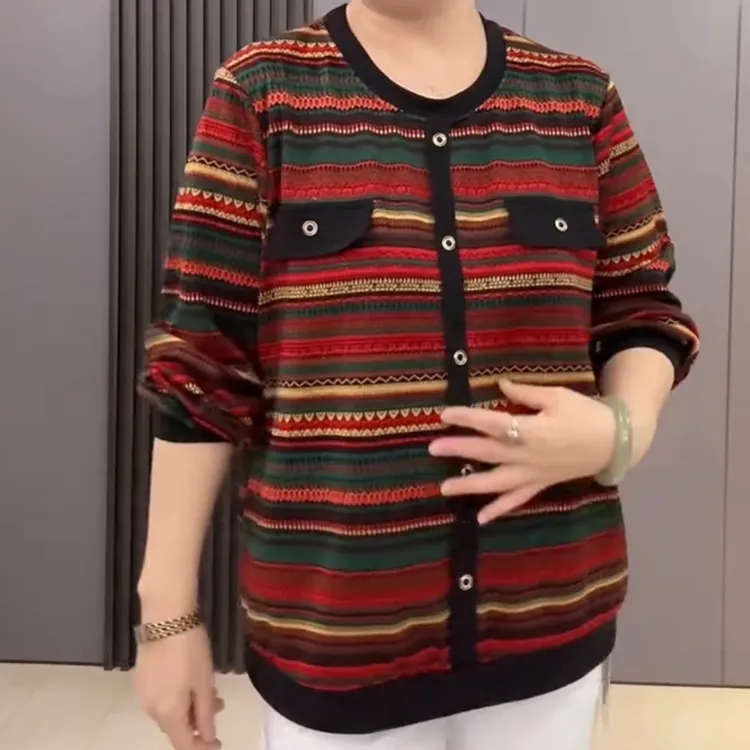 秋季新款圆领条纹宽松显瘦长袖装时尚休闲气质百搭中老年妈妈装