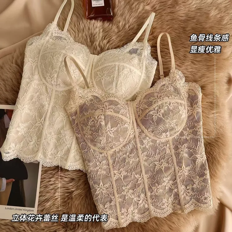 纯欲蕾丝秋冬内衣带胸垫吊带背心女固定杯修身显瘦内搭打底上衣女