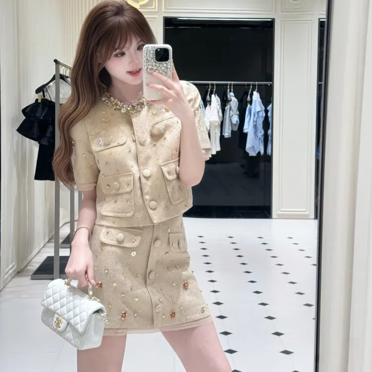LIULIU杨超越同款温柔奶茶色重工钉珠小香风短袖套装裙装25夏