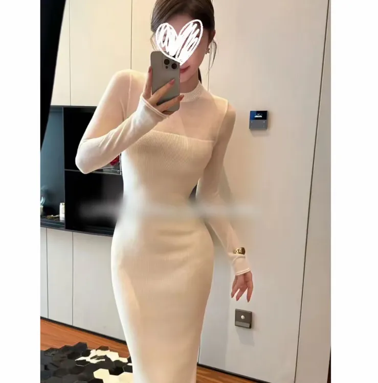 拼接圆领打底针织衫连衣裙女秋冬百搭2025新款紧身包臀裙子8177