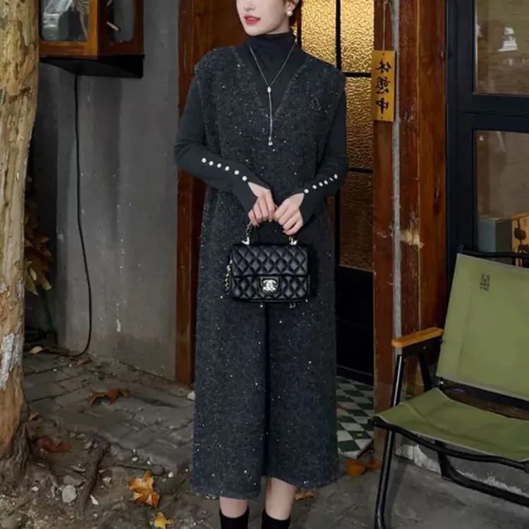 小香风亮片背心针织连衣裙女秋冬装新时尚洋气马甲裙气质减龄裙子