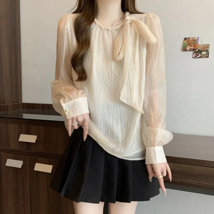 大码法式领口珍珠系带长袖衬衫女春秋微胖MM宽松显瘦气质小衫上衣