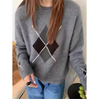 交叉线菱格」简约百搭~冬季菱形格提花圆领时尚洋气针织套头-5707