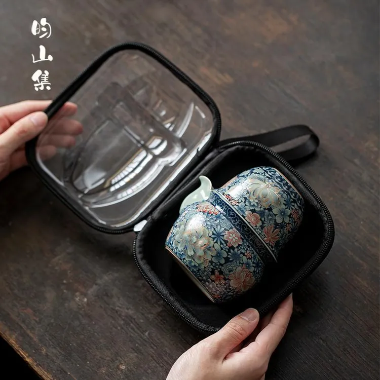 汝窑青花快客杯一壶二杯开片可养精致一人户外便携旅行茶具泡茶器