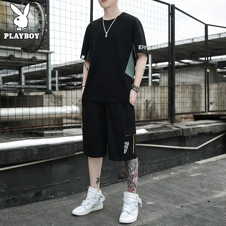 花花公子休闲套装男士夏季潮流搭配运动凉感短袖短裤纯棉两件一套