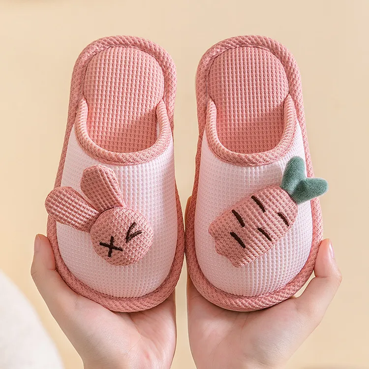 包头棉拖鞋女童秋冬室内透气萝卜兔静音卡通防滑亲子拖鞋亚麻冬天