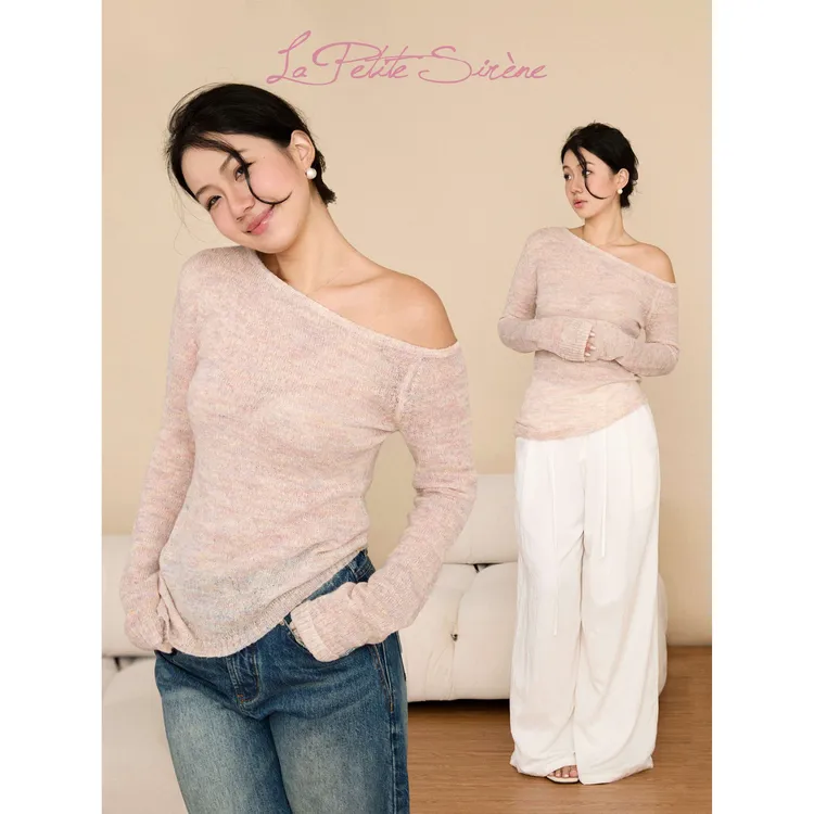 LPS｜【玫瑰荔枝】郭卷毛同款粉色斜肩修身显瘦针织衫M37206JM53