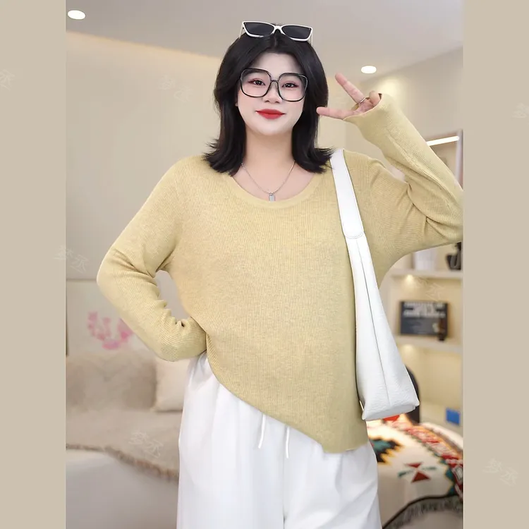 梦丞-大码女装胖mm冬季纯色系百搭显瘦遮肉U型领长袖针织衫上衣