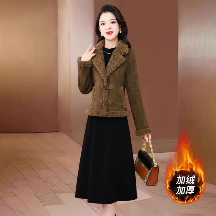 品牌美拉德复古减龄套装女士2025秋冬新款加绒加厚小香风两件套裙
