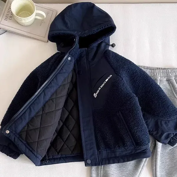 儿童夹棉外套2025秋冬男童加厚羊羔毛连帽夹克宝宝小童保暖棉服潮