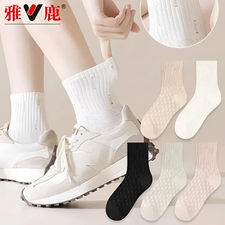 雅鹿破洞潮搭女士袜子夏季薄款纯色潮流吸汗透气少女生百搭中筒袜