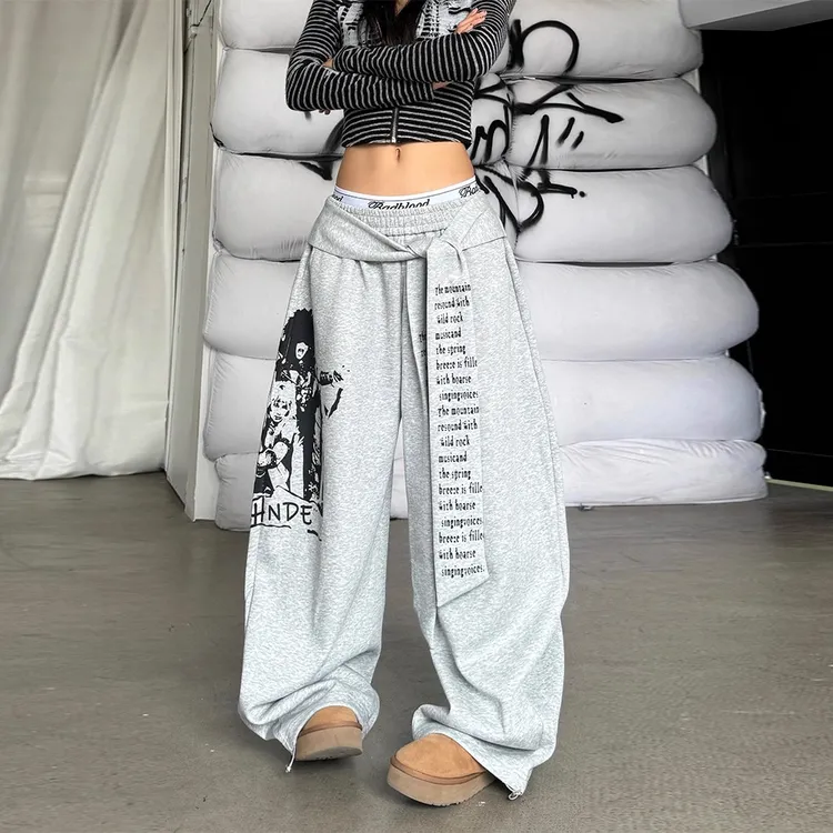 美式复古弯刀裤辣妹街舞爵士舞裤字母印花绑带卫裤宽松阔腿休闲裤