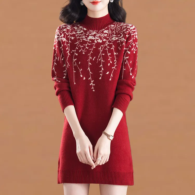 半高领针织提花毛衣女中长款秋冬2025新款内搭宽松打底衫遮屁股厚