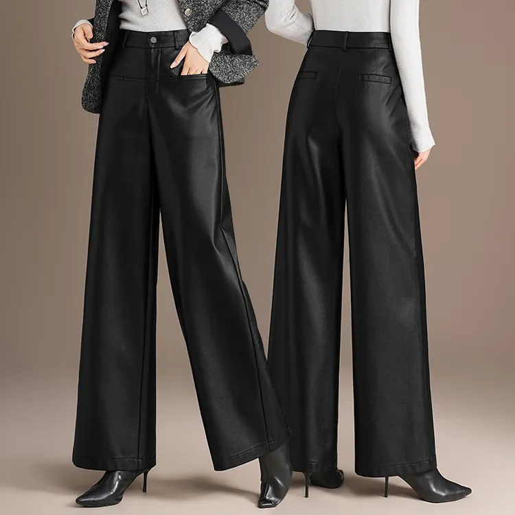 宽松垂感黑色皮裤高腰显瘦时尚阔腿裤女秋冬新款pu皮直筒裤休闲裤