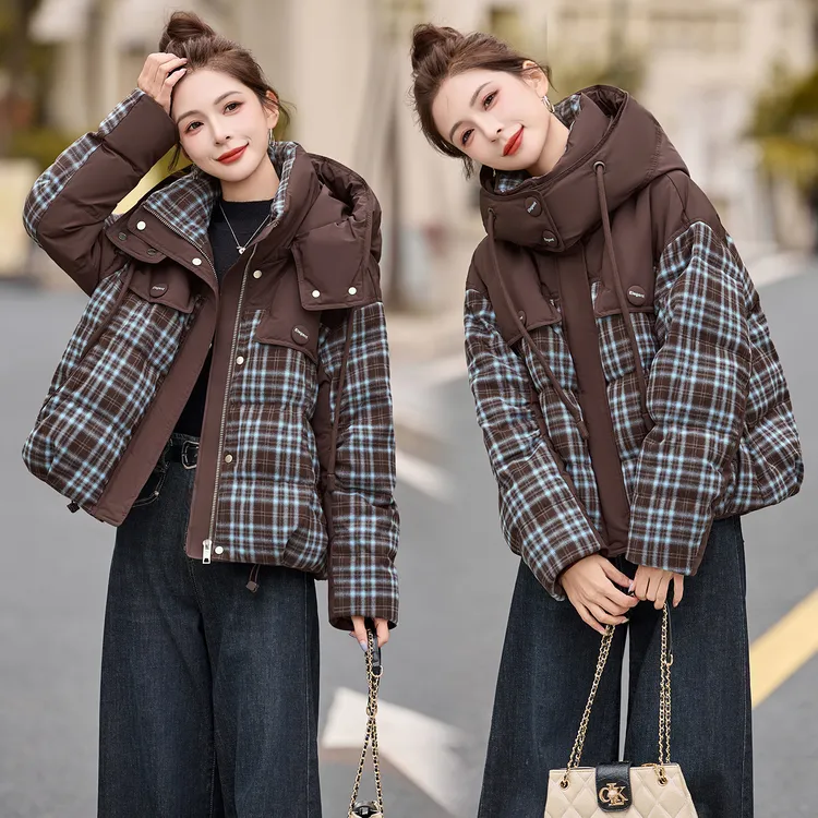 设计感格子拼接连帽羽绒服女2025冬季新款洋气时髦白鸭绒短款外套