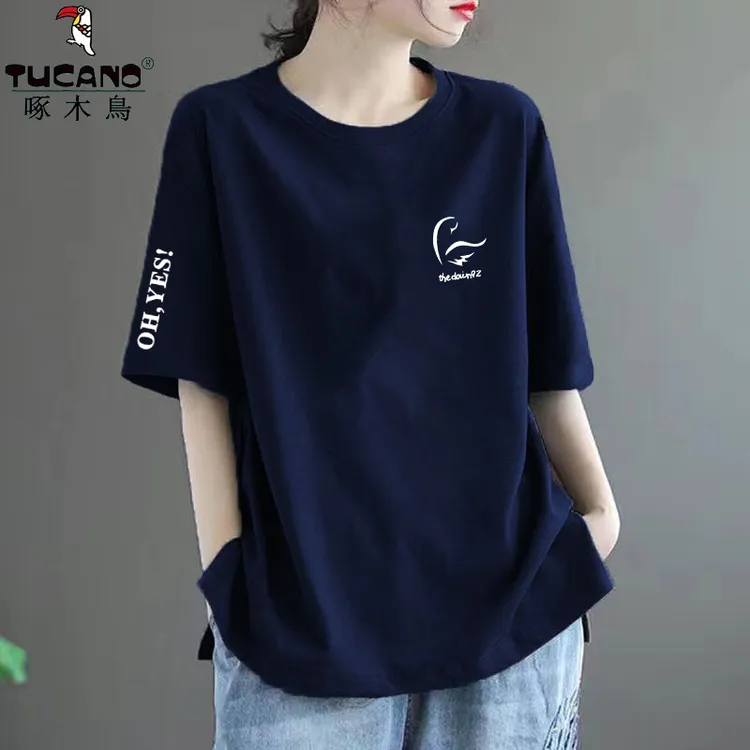 啄木鸟纯棉夏季设计圆领短袖t恤女百搭宽松大码新款休闲小众上衣