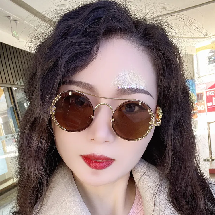 复古金属圆框太阳镜女镶钻防紫外线墨镜高级感宫廷风国风眼镜个性